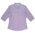 A button-up shirt with 3/4 sleeves in a purple gingham pattern featuring a collar and logo.