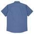 A short-sleeve men’s button-up shirt in blue with a check pattern and a logo.