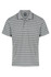A grey striped polo shirt featuring a collar and short sleeves, with a logo on the label.