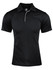 A black polo shirt with a white collar and trim, featuring a logo on the chest.