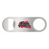 A silver bottle opener with a rounded edge and a logo featuring red and black text.