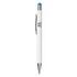 A white pen with a blue top and a silver clip, featuring a logo on the body.