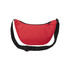 A red waist bag with a black strap and zipper, featuring a logo on one side.