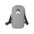A grey recycled phone pouch with a zip closure and a strap. It features a loop for earphones.