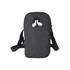 A grey phone pouch with a black strap and earphones attached, featuring a logo on its side.