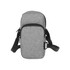 A grey pouch with a zippered closure and an adjustable strap, featuring a branding logo.