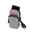 A grey recycled phone pouch with a zippered design, holding a phone and featuring a card slot.