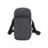 A grey recycled phone pouch with a zippered front pocket and an adjustable strap. Features a logo.