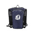 A navy blue hydration pack with a mesh back and a logo on the front, designed for running.
