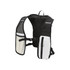 A black and white recycled running vest hydration pack with mesh detailing and multiple pockets.