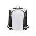 A white and black running vest hydration pack with mesh sides and a zippered main compartment. It features a logo.