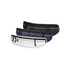 A set of three waist packs in black, navy, and white, featuring zippers and adjustable straps. Each pack has a logo.