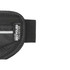 A black running waist pack featuring a textured fabric and a label indicating it is made with recycled polyester.