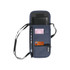 A navy blue travel pouch with multiple compartments, holding a phone, cards, and a passport. Features a logo.