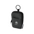 A small black pouch with a zipper and a keyring, featuring a logo and made from recycled materials.