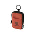 A small pouch in orange and black, featuring a logo, with a keyring attachment and zipper closure.