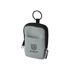 A grey recycled pouch with a black zipper and keyring, featuring a front pocket and a logo.