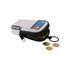A small grey and black pouch made from recycled materials, containing coins and a card inside.