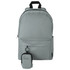 A grey backpack with a small pouch attached, featuring a logo. The backpack has multiple compartments for storage.