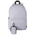 A light grey backpack with a small pouch attached to the front. The bag features two shoulder straps and a zippered pocket.
