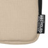 A beige small pouch made with recycled polyester, featuring a zipper and a branding label.