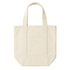 A mini canvas tote in a cream colour with two sturdy handles and a front pocket. It features a logo.