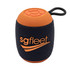 A Bluetooth speaker with a navy blue fabric exterior and orange accents, featuring a logo and control buttons on top.