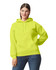 A bright yellow hooded sweatshirt with a front pocket and drawstring, worn by a model.