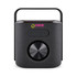 A black Bluetooth speaker with a handle and a large central control knob, featuring a logo on the front.