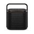 A compact black Bluetooth speaker with a handle and control buttons on top. It features a mesh grille design.