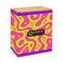 A colourful boxed product featuring bright pink and yellow wavy patterns along with a logo on the front.