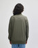 An olive green unisex bomber jacket featuring a relaxed fit and ribbed cuffs, viewed from the back.