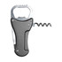 A drink bottle opener in metallic silver and black, featuring a bottle opener and a corkscrew. The product has a logo.