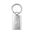 A silver frame keytag with a round keyring and a smooth rectangular surface. Features a logo on the front.
