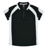 A black and white polo shirt with a collar and short sleeves. Features a logo on the front.