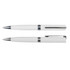 A white plastic pen set featuring a sleek design with silver accents and a logo.