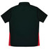 A dark green polo shirt with red side panels and a collar, featuring a logo on the back.