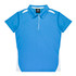 A blue polo shirt with white accents and a collar, featuring a logo on the label.