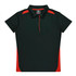 A dark green polo shirt featuring red accents on the sides and shoulders, with a collar and buttons.