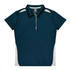 A navy blue polo shirt featuring a collar, buttons, and contrasting white side panels. It has a logo on the chest.