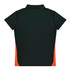 A dark green polo shirt with orange side panels and a collar, featuring a logo on the front.