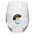 A stemless wine glass with a clear body, featuring a logo with black, yellow, and blue design elements.