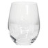 A stemless wine glass in clear glass, featuring an engraved logo or branding design.