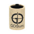 A jute stubby holder in natural beige with a dark logo on the front. Ideal for keeping drinks cool.