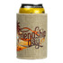 A jute stubby holder in natural colour, featuring a scenic design and a can inside. It has a logo.
