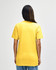 A midweight adult t-shirt in yellow with a blue panel on the back, featuring a logo.