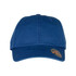 A blue organic washed cotton cap with a rounded brim and a logo on the side.