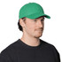 A green cap made of organic cotton twill, featuring a curved brim and an adjustable strap at the back.