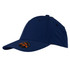 A navy blue cap featuring a curved brim and an attached logo on the front.