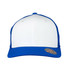 A trucker cap featuring a white front and vibrant blue mesh sides, complete with a brand logo.
